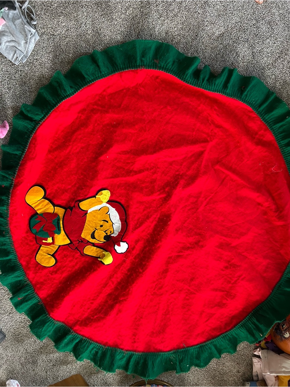 1980 Vintage Winnie the Pooh Red Round Christmas Tree Skirt with Green Ruffle